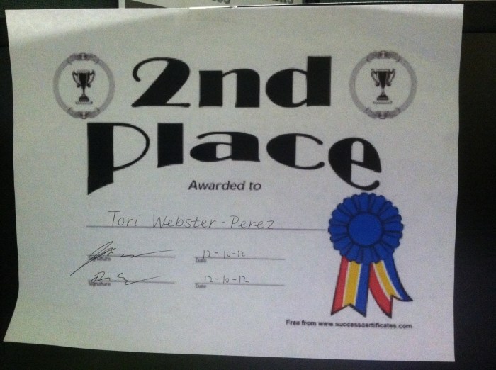 My coworkers found my competitive nature [re: baked goods] so amusing that they made me this Second Place certificate and hung it on my desk at work. I've left it there - a reminder of my baking inadequacy. 